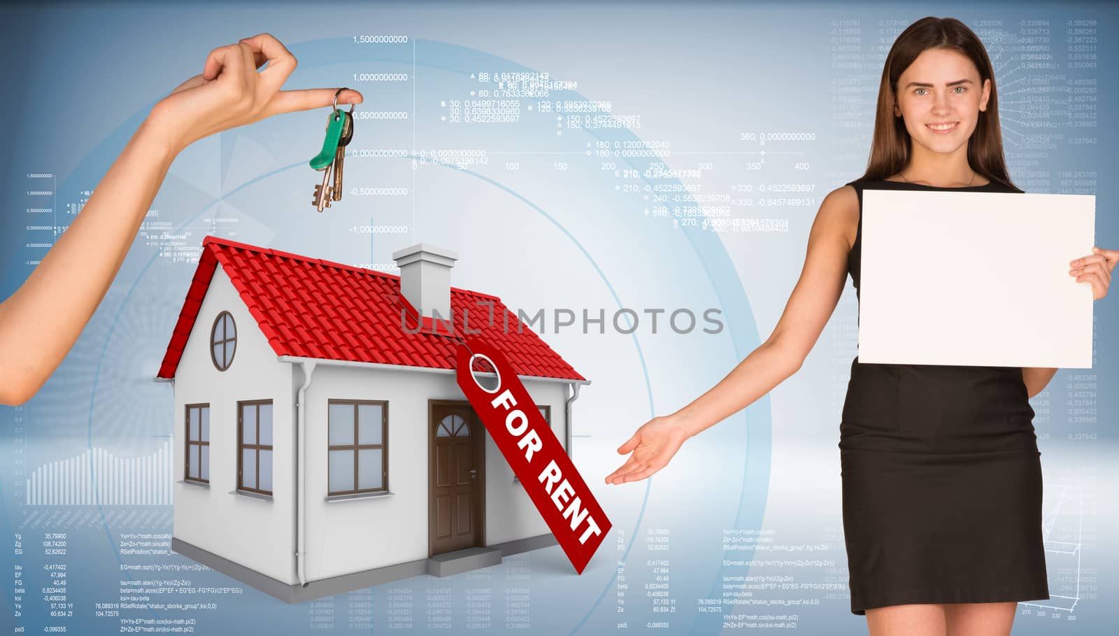 Businesswoman holding empty paper and showing house by cherezoff