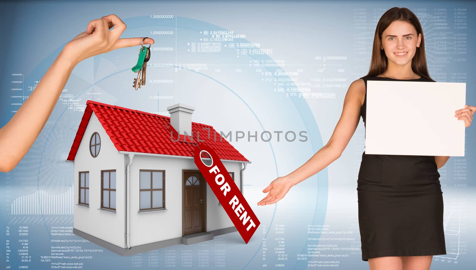 Businesswoman holding empty paper and showing house. Hand giving house key. Business concept