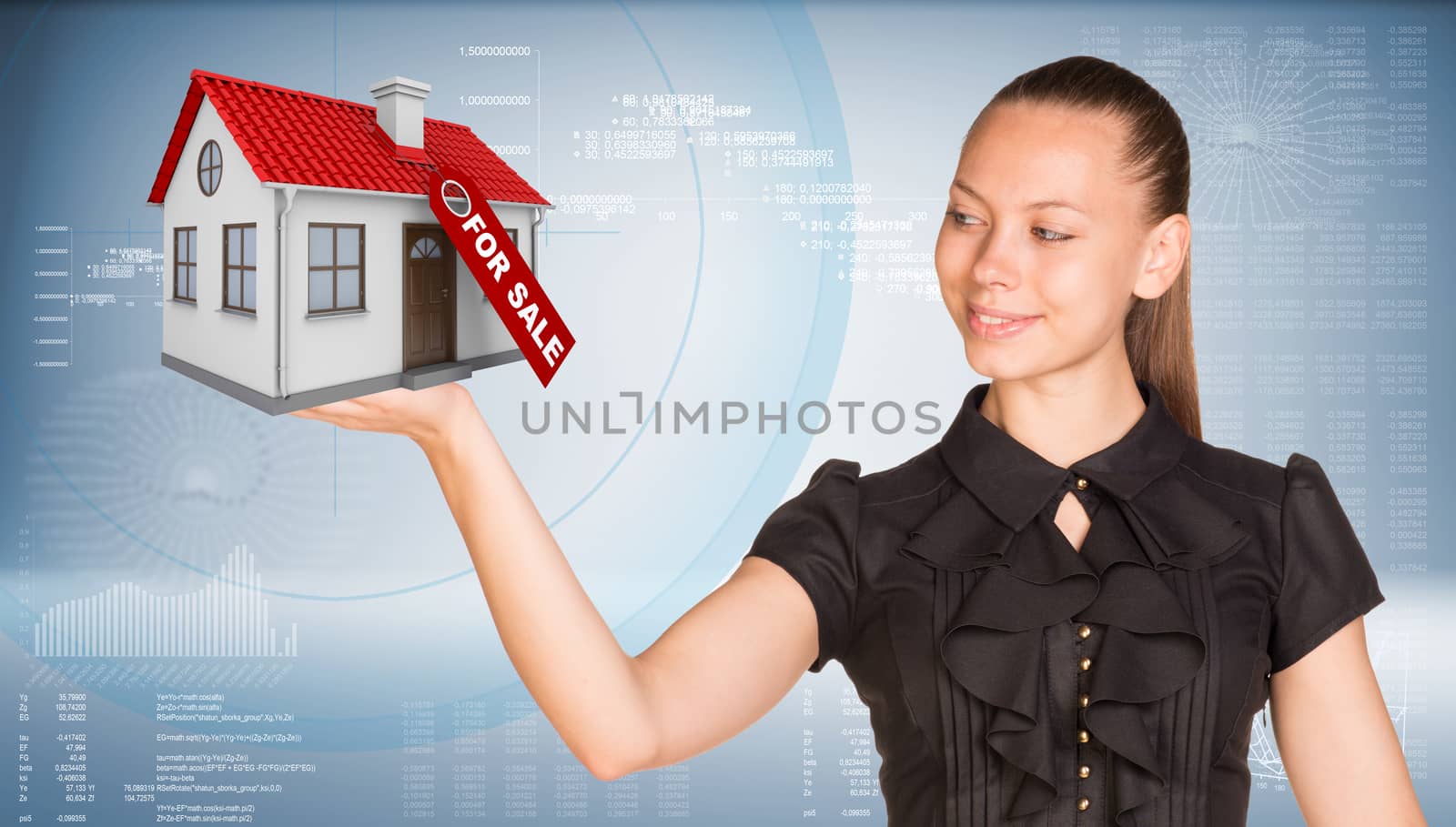 Businesswoman smiling and holding house in hand by cherezoff