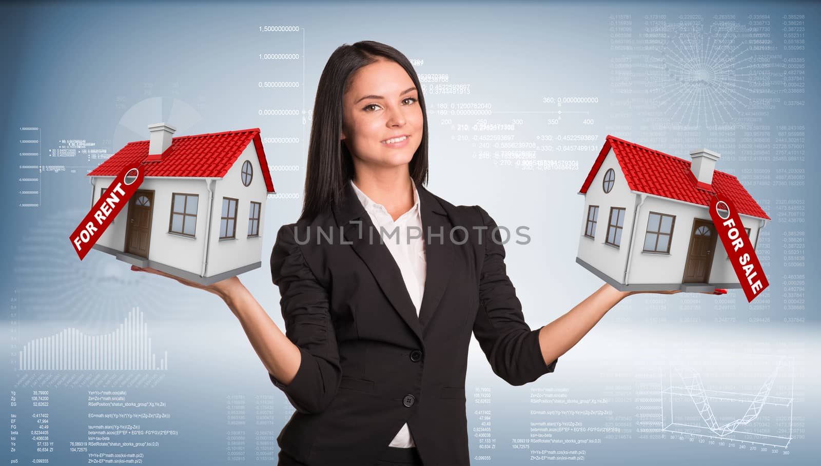 Businesswoman holding housees in hands. Business concept