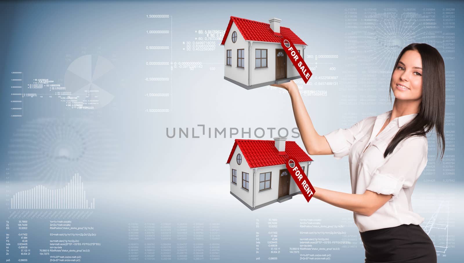 Businesswoman holding housees in hands. Business concept