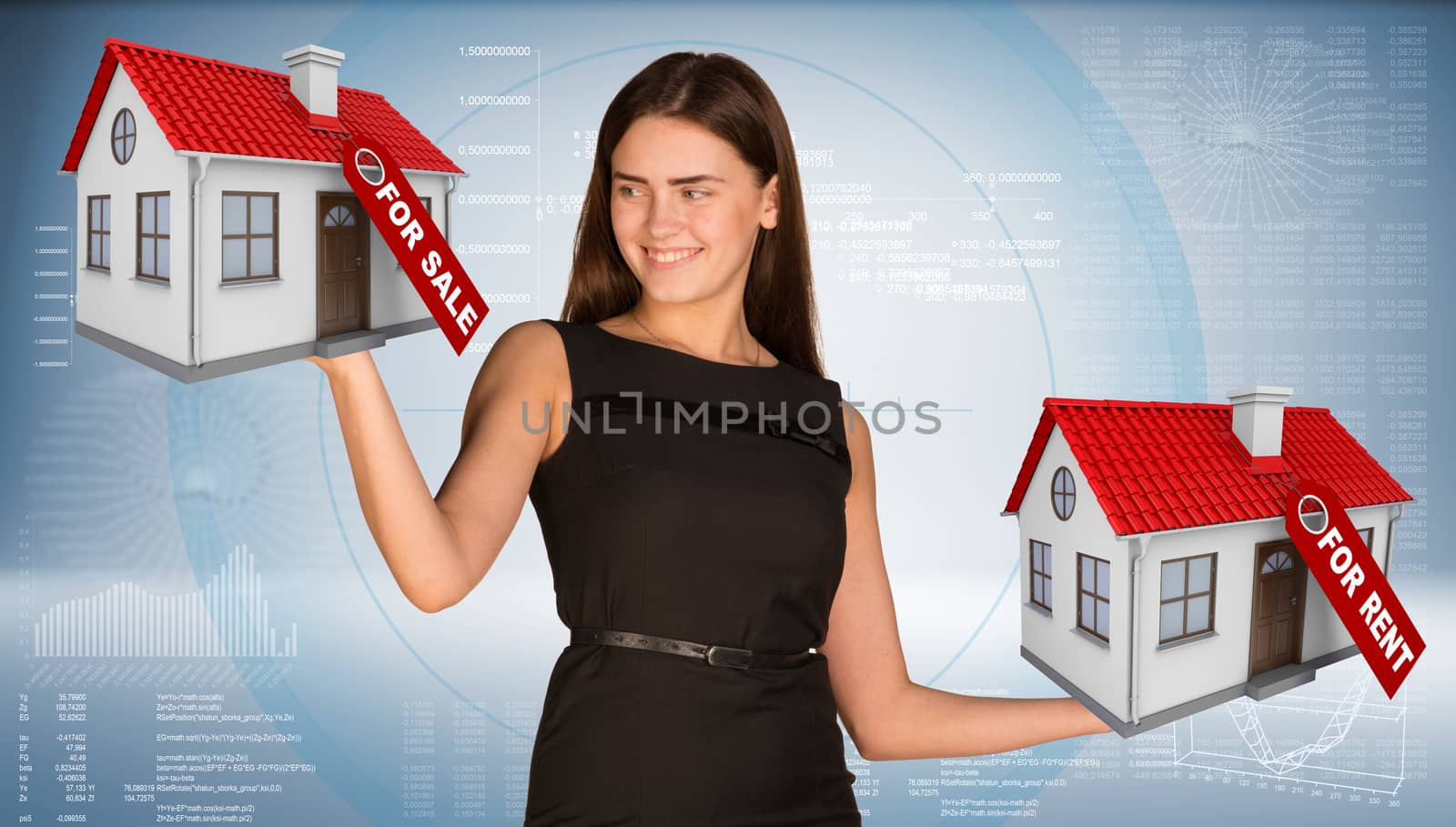 Businesswoman holding housees in hands. Business concept