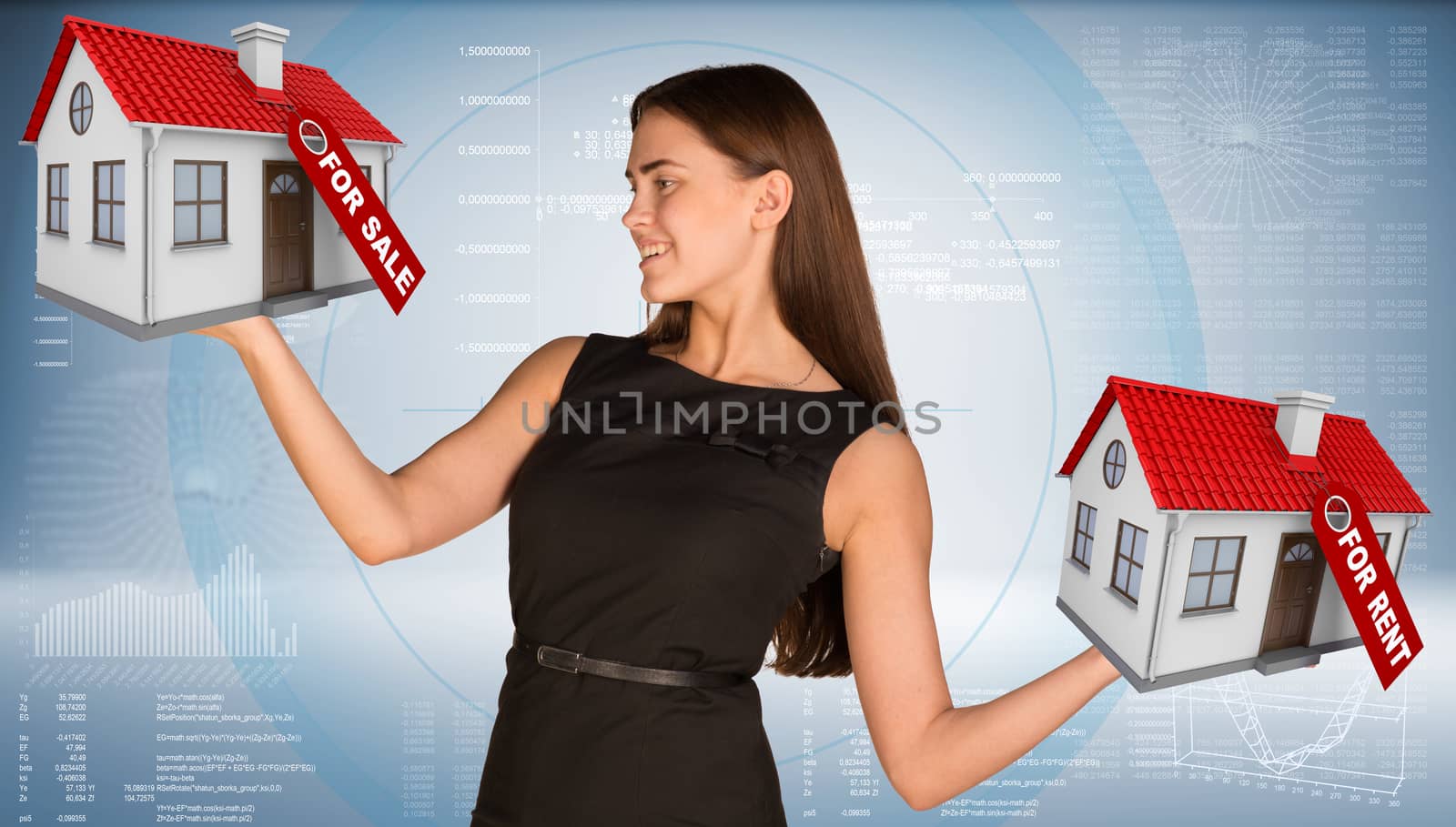 Businesswoman holding housees in hands. Business concept