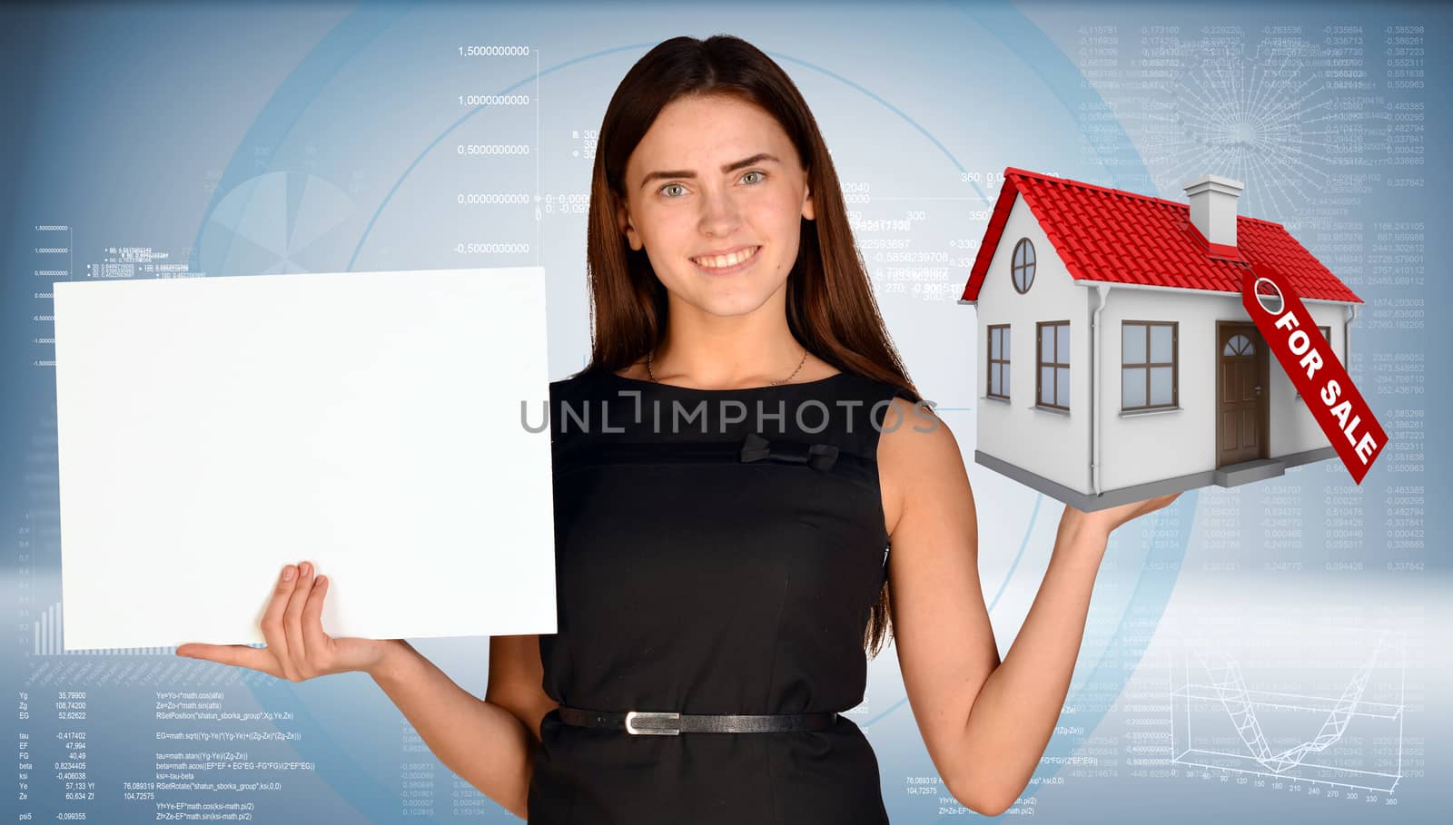 Businesswoman holding empty paper and house. Business concept