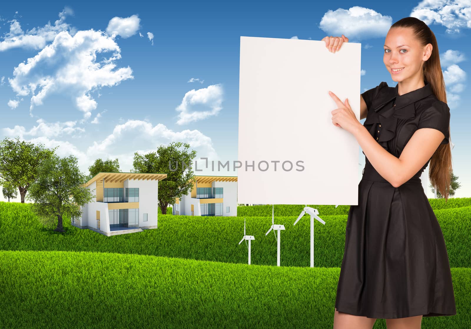 Businesswoman holding empty paper. House and nature landscape as backdrop