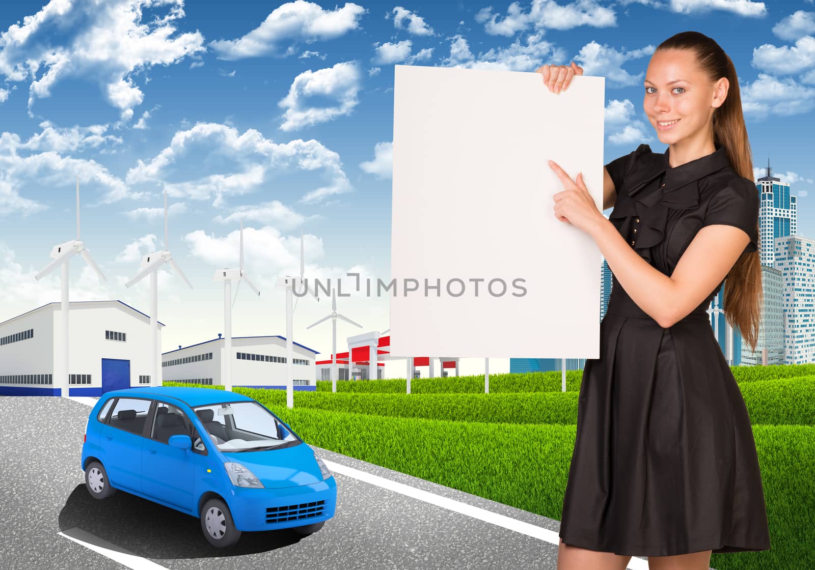 Businesswoman holding empty paper. Industrial zone, buildings and road with car as backdrop