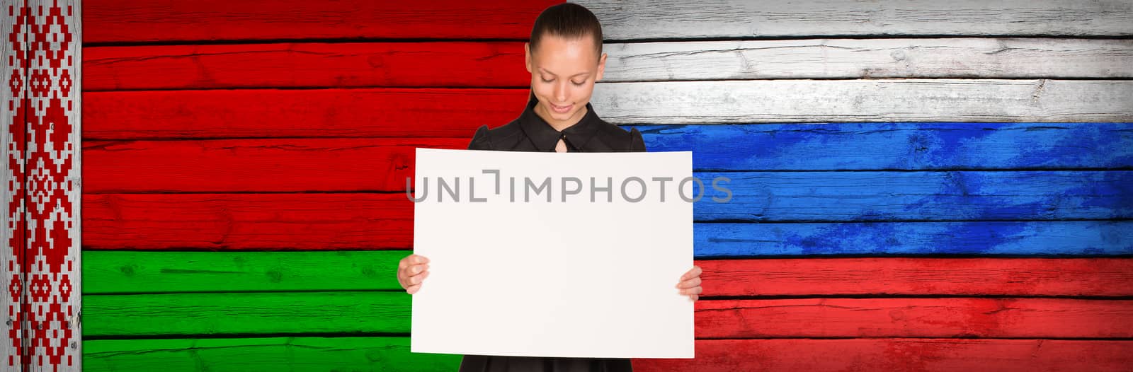 Businesswoman holding paper sheet. Byelorussia and Russia flags as backdrop