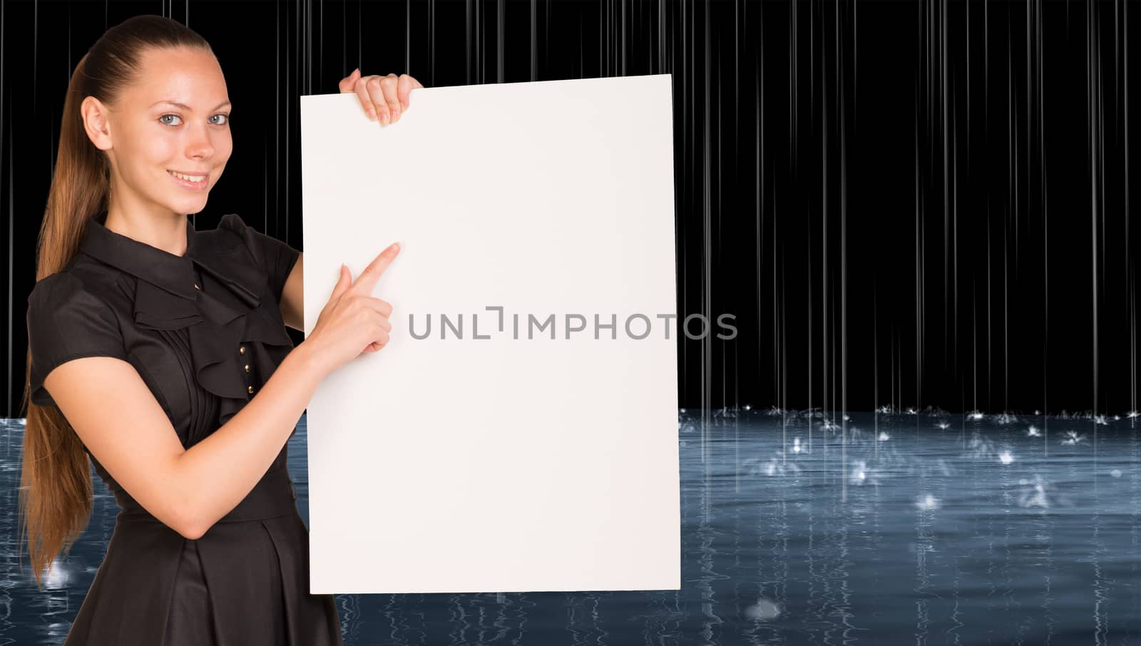 Businesswoman holding empty paper. Rain in the background