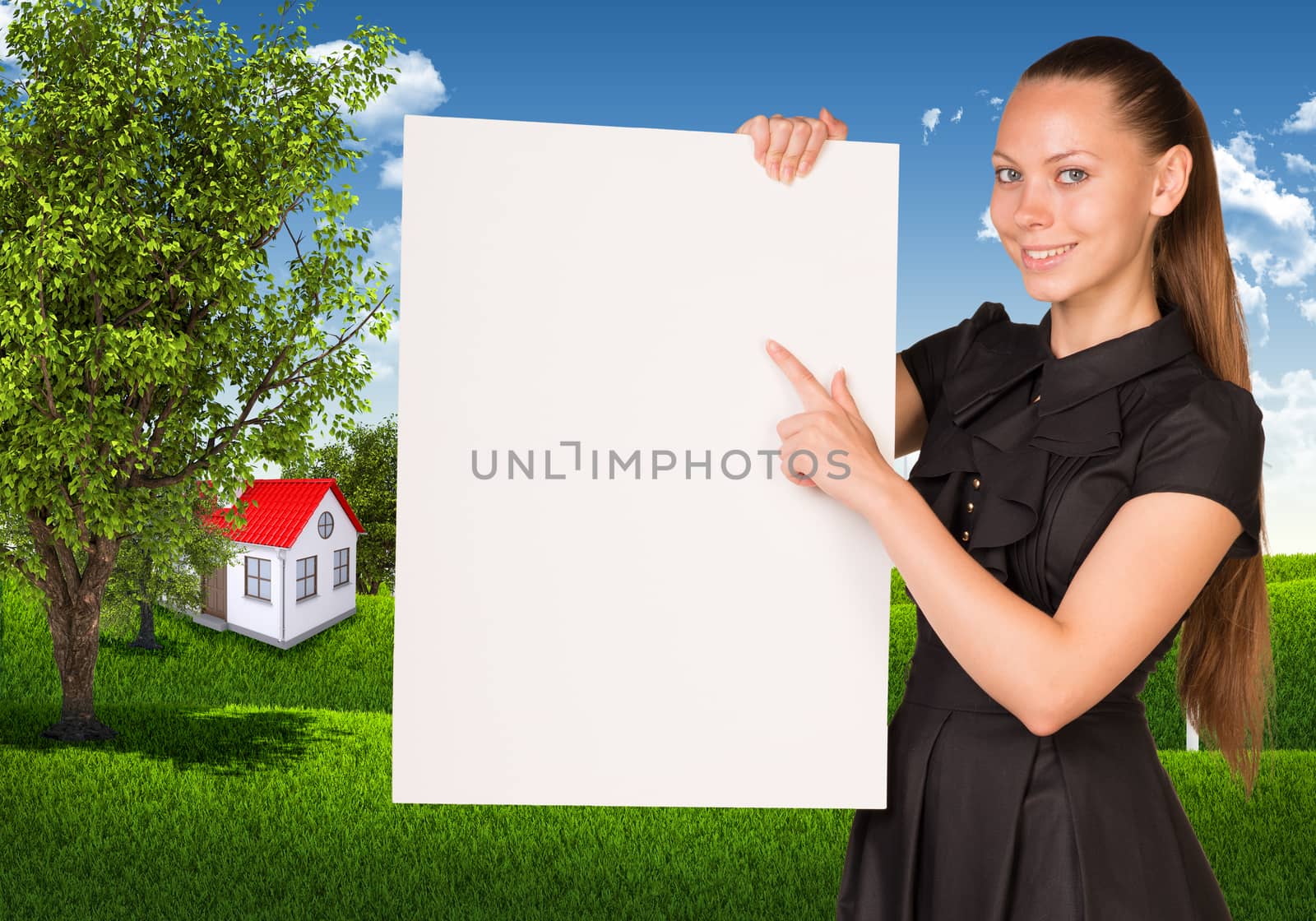 Businesswoman holding empty paper. House and nature landscape as backdrop