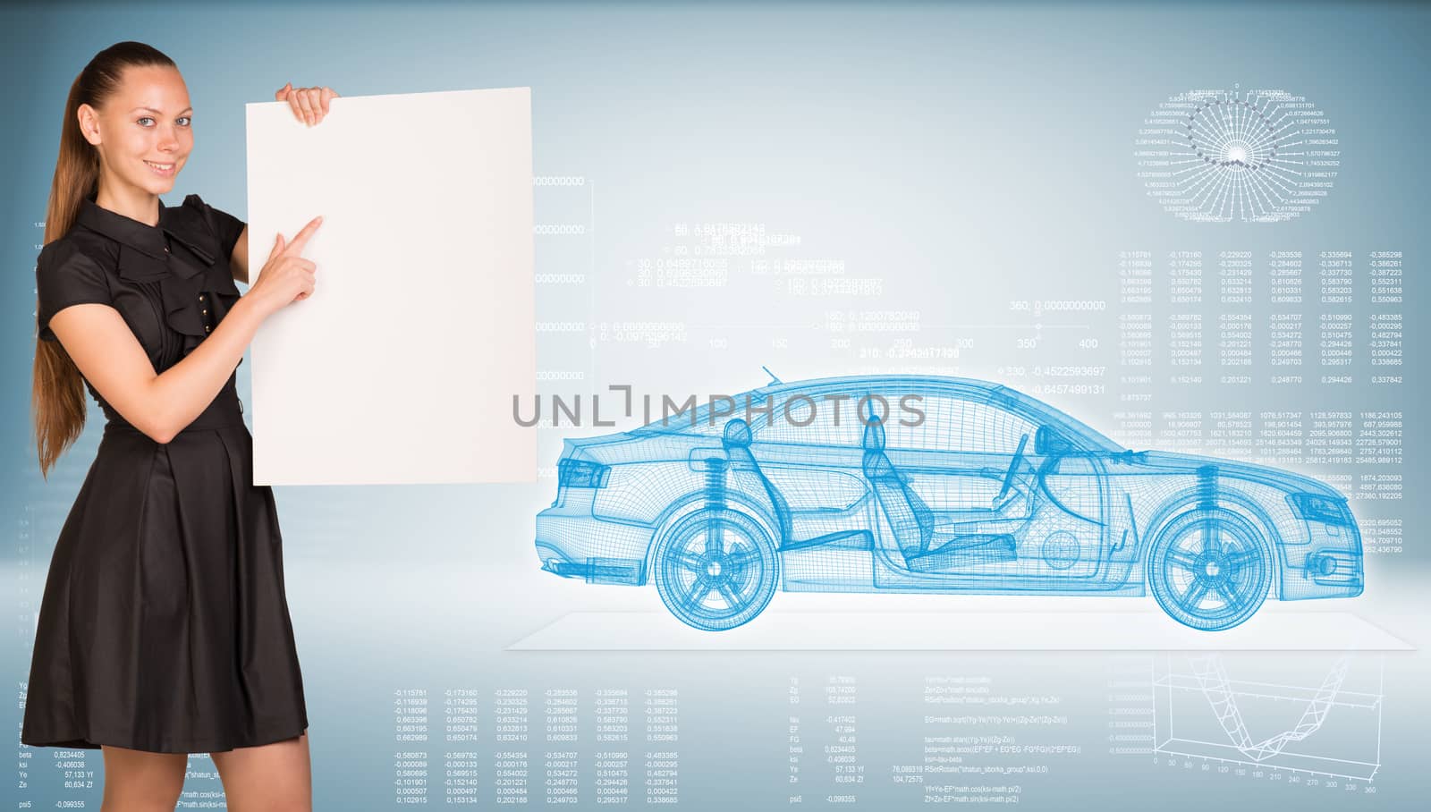 Businesswoman holding empty paper. Wire-frame car and graphs as backdrop