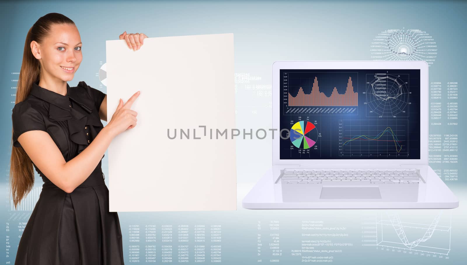 Businesswoman holding empty paper. Laptop and graphs as backdrop