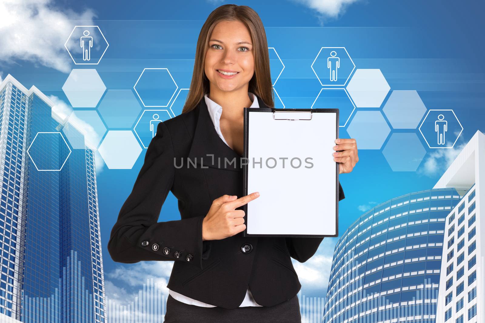 Businesswoman holding paper holde. Building and hexagons with people icons as backdrop