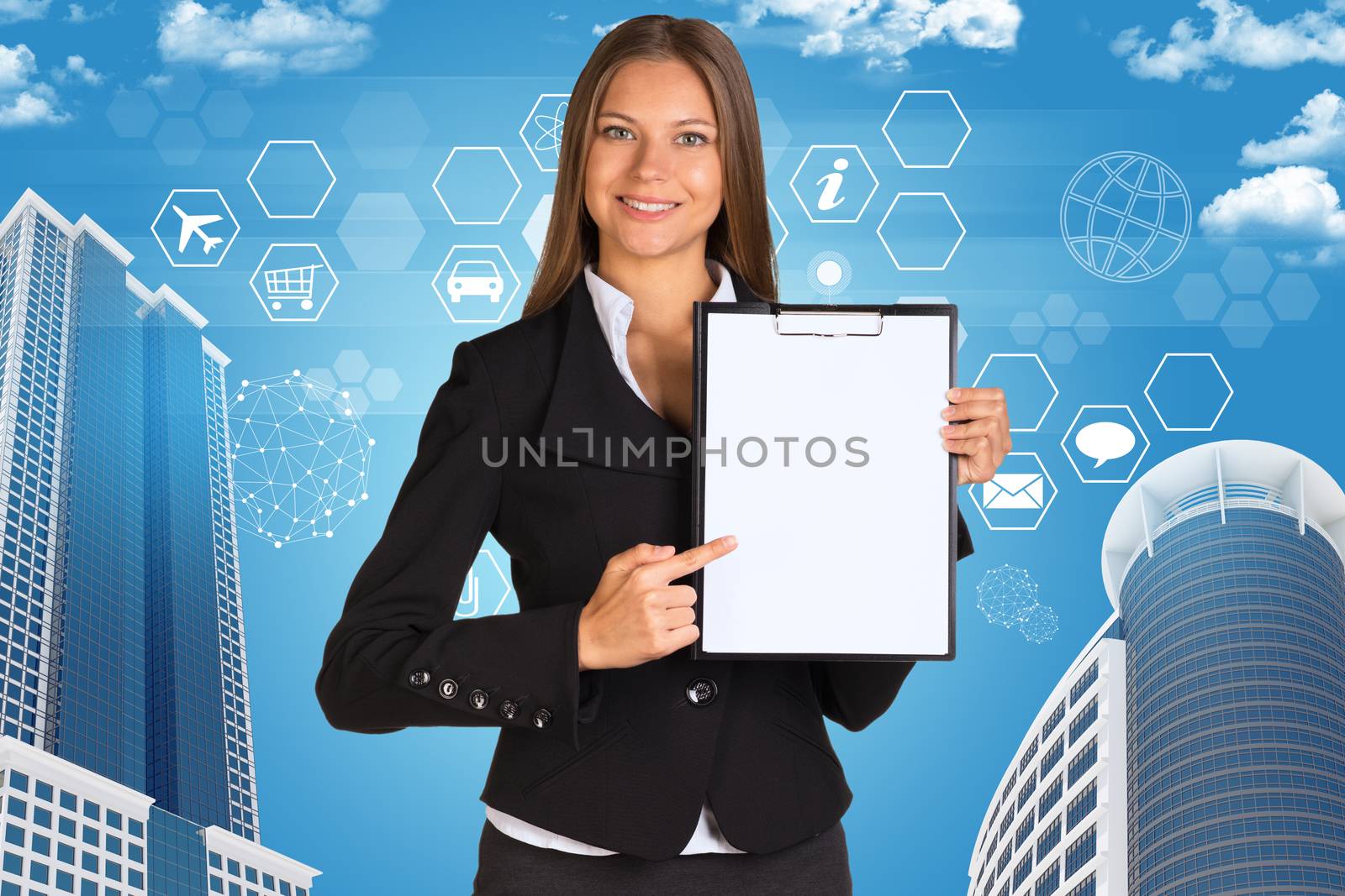 Businesswoman holding paper holde. Building and hexagons with icons as backdrop