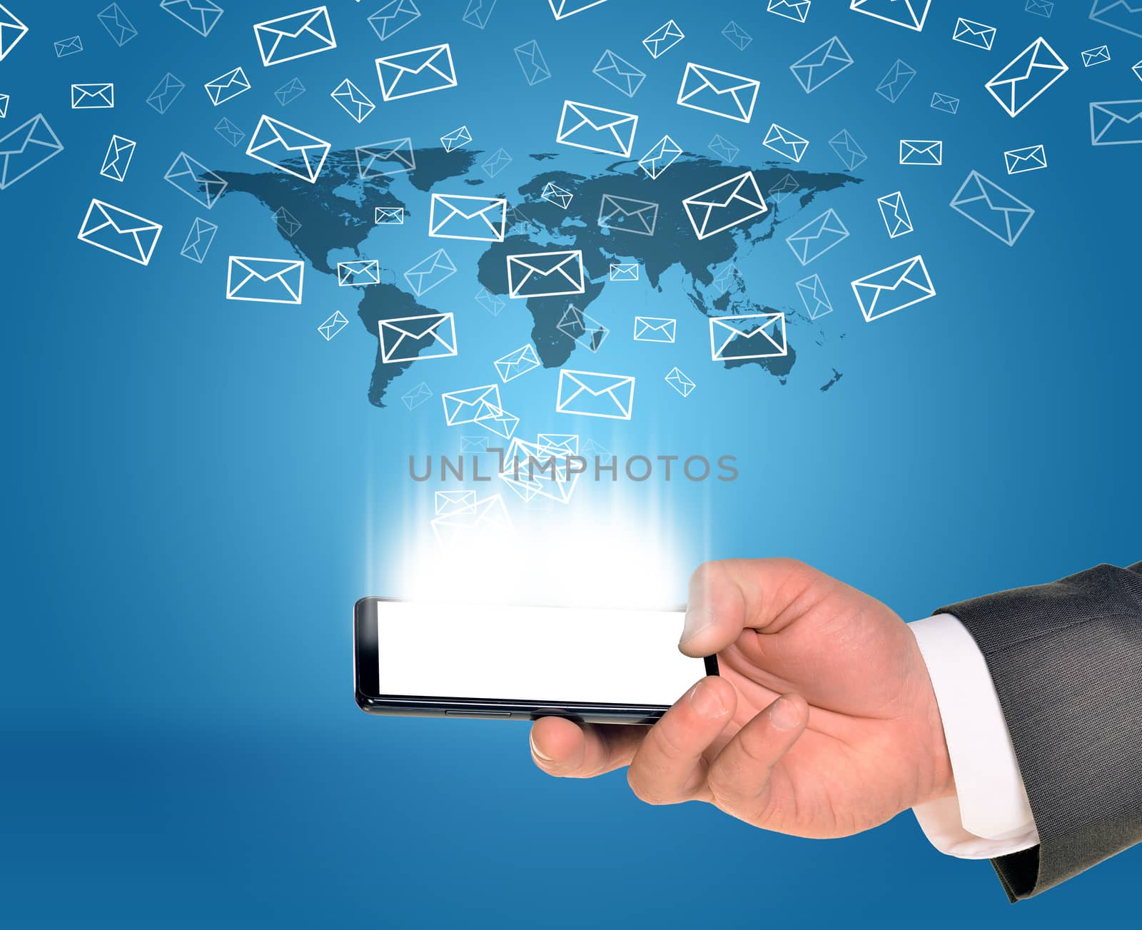 Man hand using smart phone with flying envelopes by cherezoff