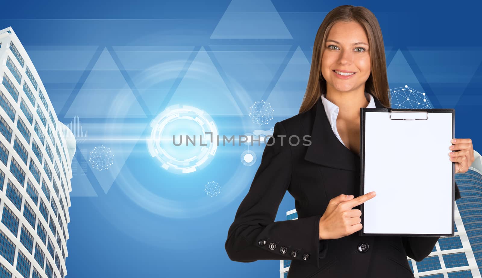 Businesswoman holding paper holde. Building and transparent triangles with people icons as backdrop