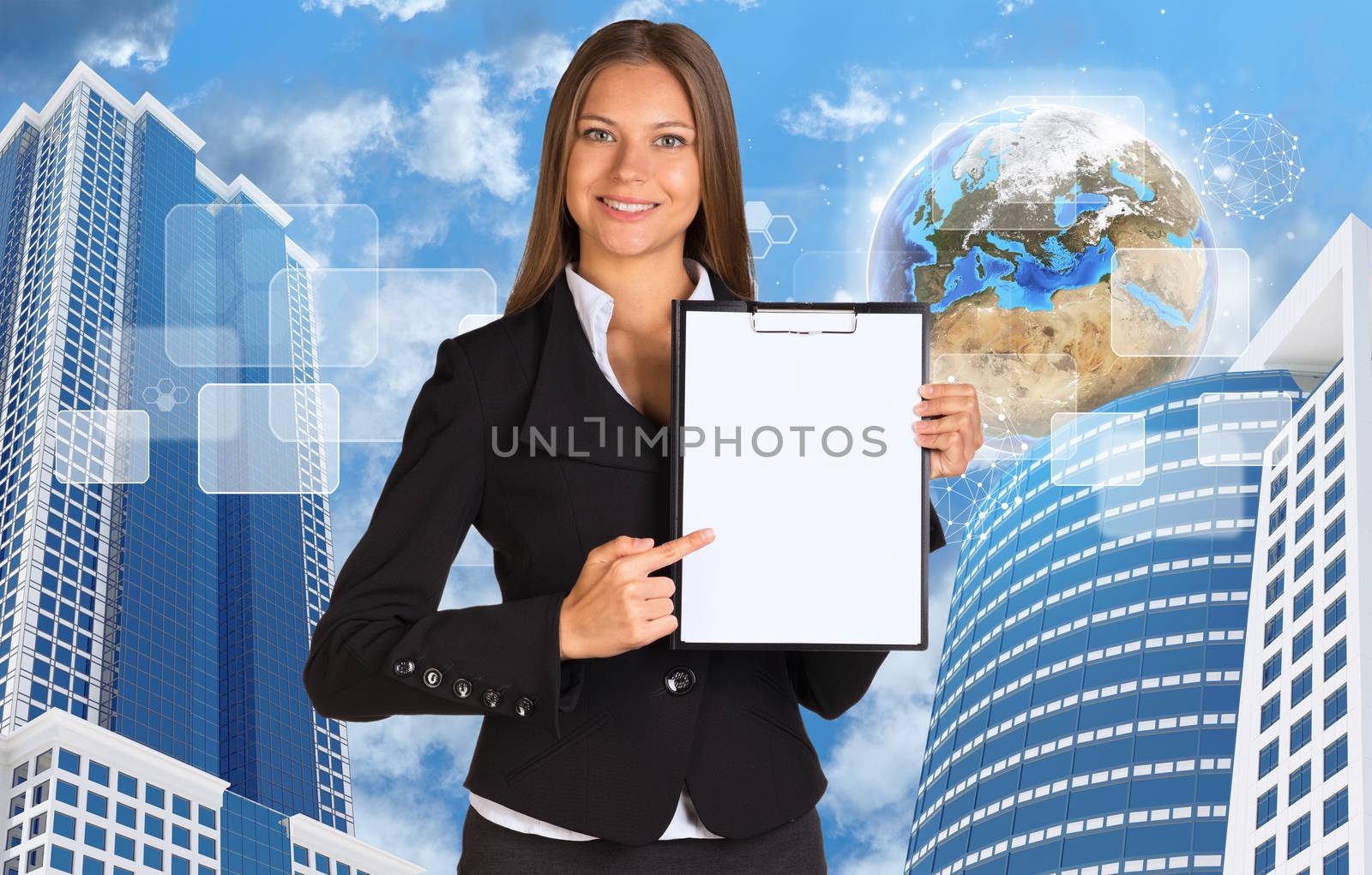 Businesswoman holding paper holde. Building and Earth as backdrop. Element of this image furnished by NASA