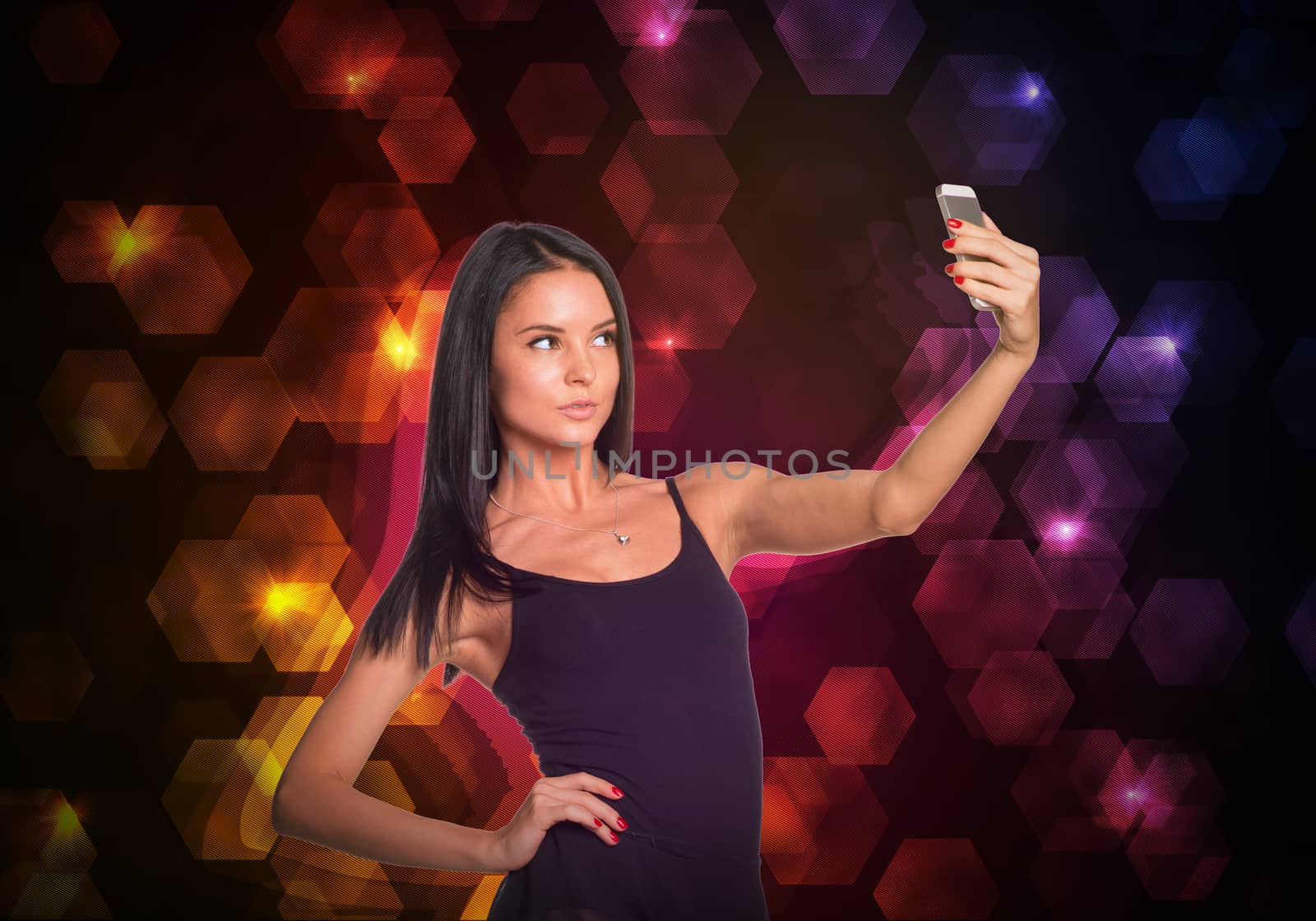 Beautiful dancer makes selfie from your mobile phone. Abstract background