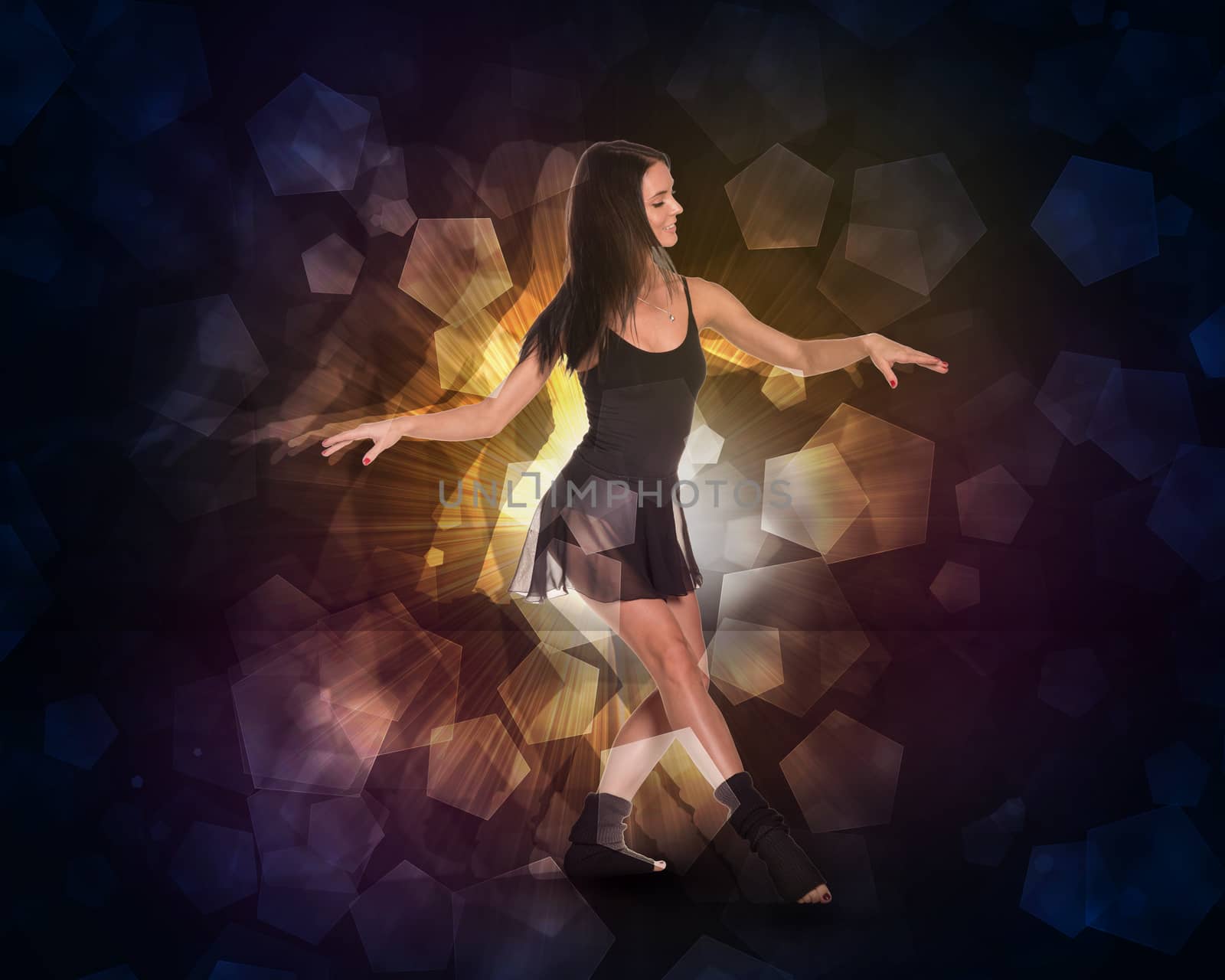 Beautiful dancer. Glow multicolor pentagons as backdrop