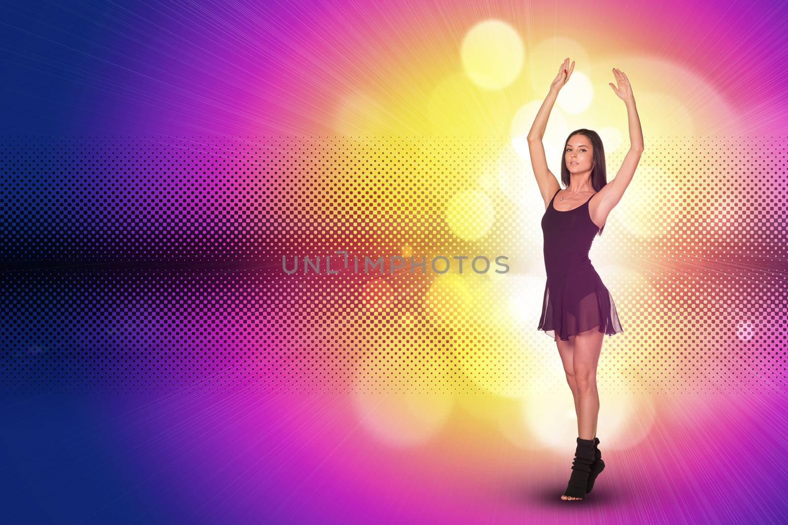 Beautiful dancer. Glow multicolor circles as backdrop