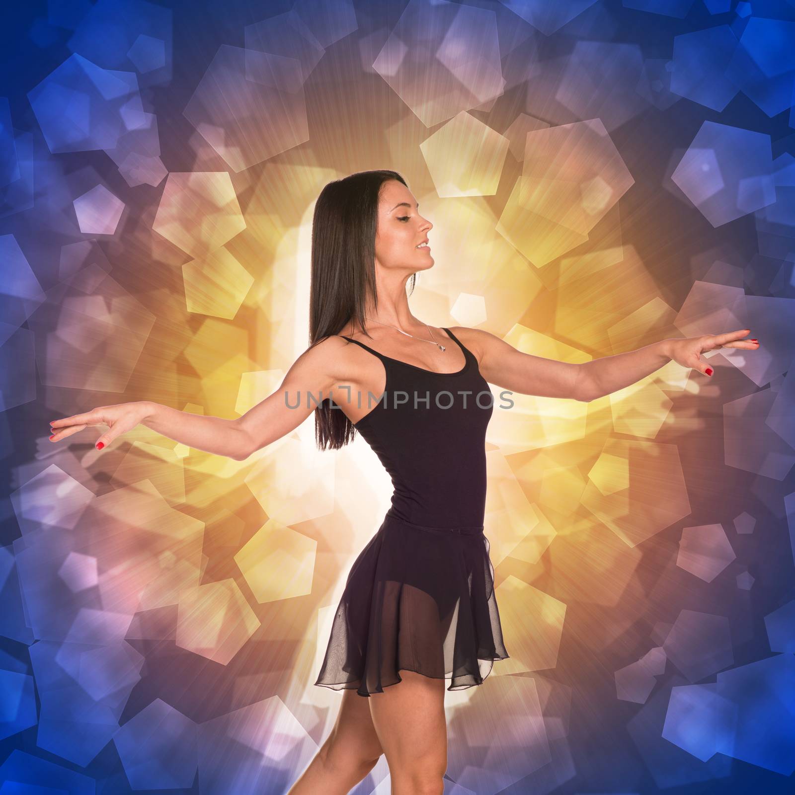 Beautiful dancer. Glow multicolor pentagons as backdrop