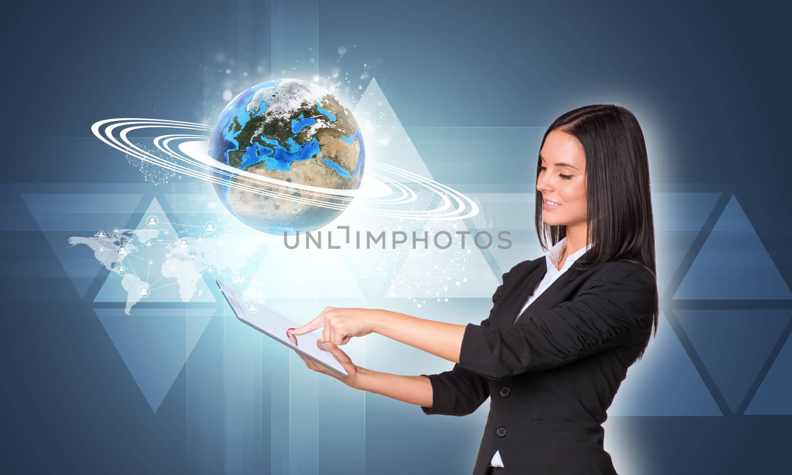 Beautiful businesswomen in suit using digital tablet. Earth with triangles, network and world map. Element of this image furnished by NASA