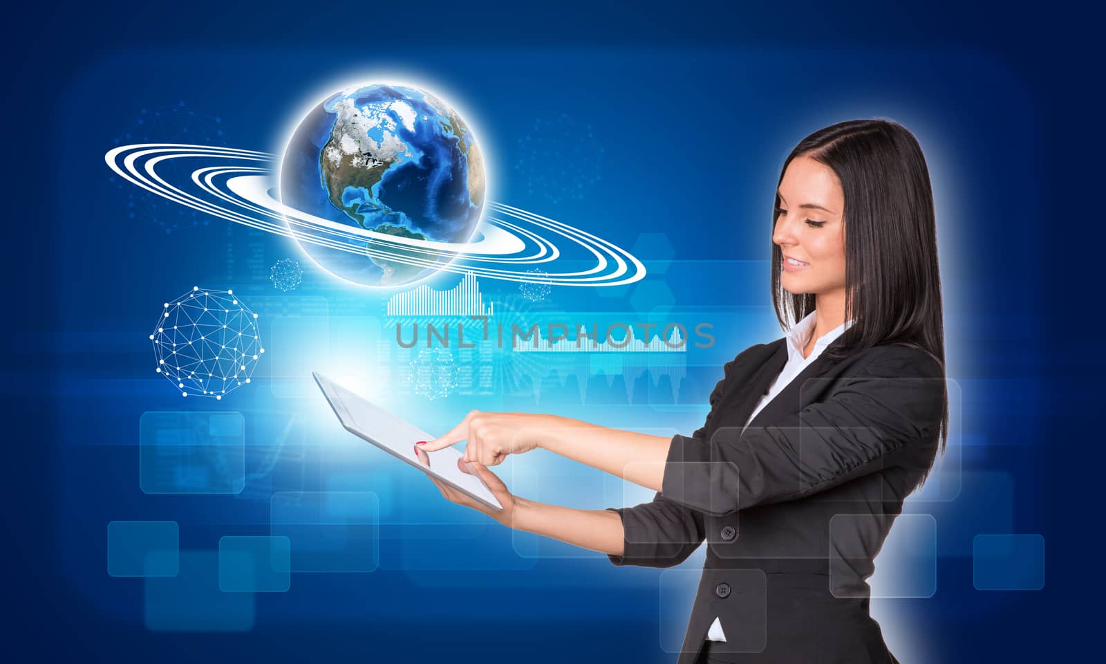 Beautiful businesswomen in suit using digital tablet. Earth with rectangles, graphs and wire-frame spheres. Element of this image furnished by NASA