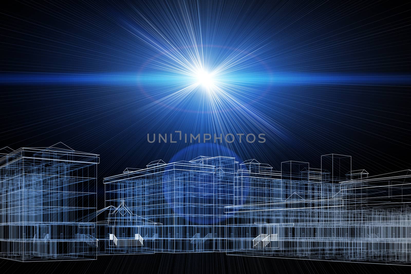 Wire-frame buildings with light on dark background. Construction concept