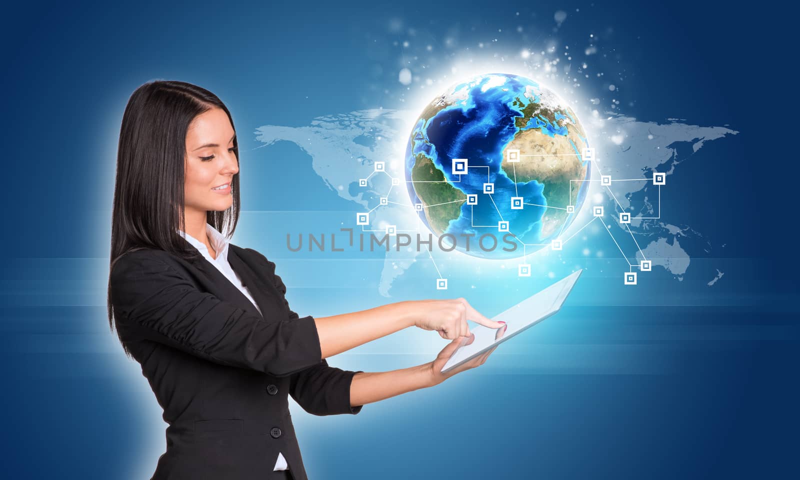 Beautiful businesswomen in suit using digital tablet. Earth with network and world map. Element of this image furnished by NASA