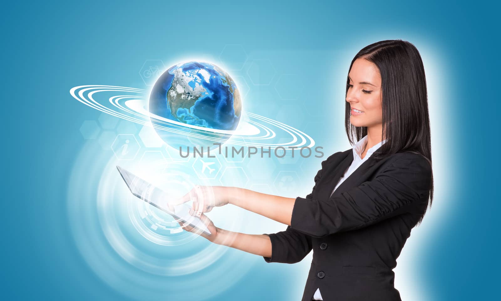 Beautiful businesswomen in suit using digital tablet. Earth and hexagons with icons. Element of this image furnished by NASA