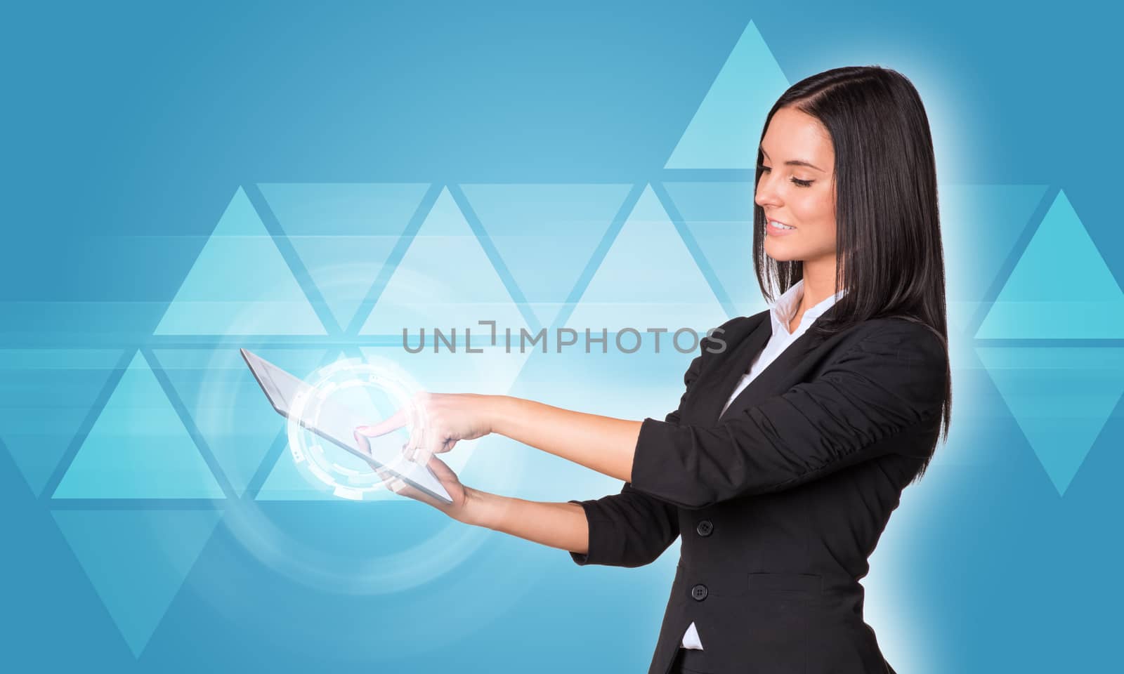 Beautiful businesswomen in suit using digital tablet. Transparent triangles with glow circles. Concept background