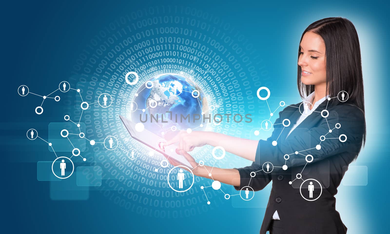 Beautiful businesswomen in suit using digital tablet. Earth with figures and network. Element of this image furnished by NASA