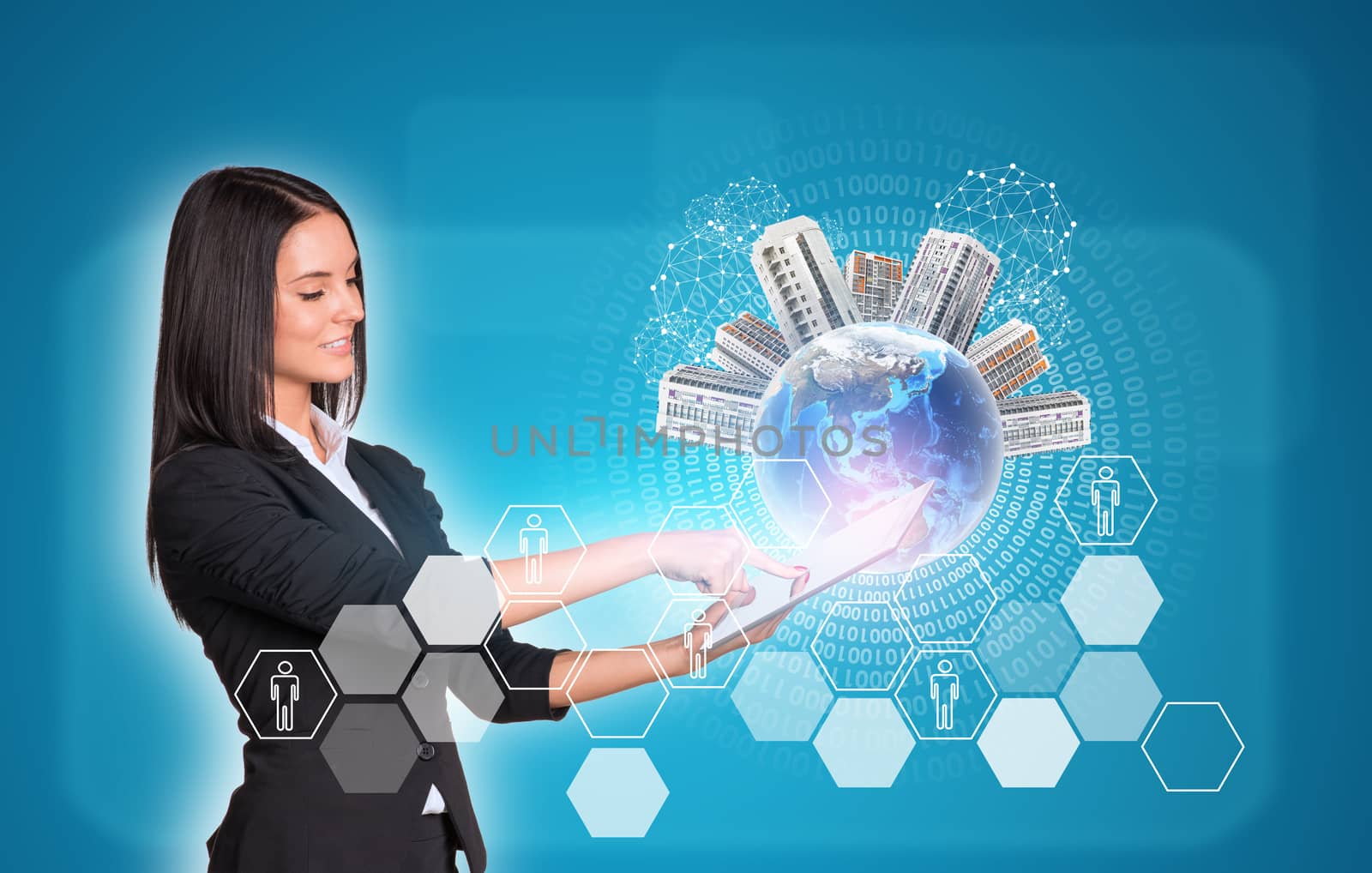 Beautiful businesswomen in suit using digital tablet. Earth with buildings. Hexagons and figures as backdrop. Element of this image furnished by NASA