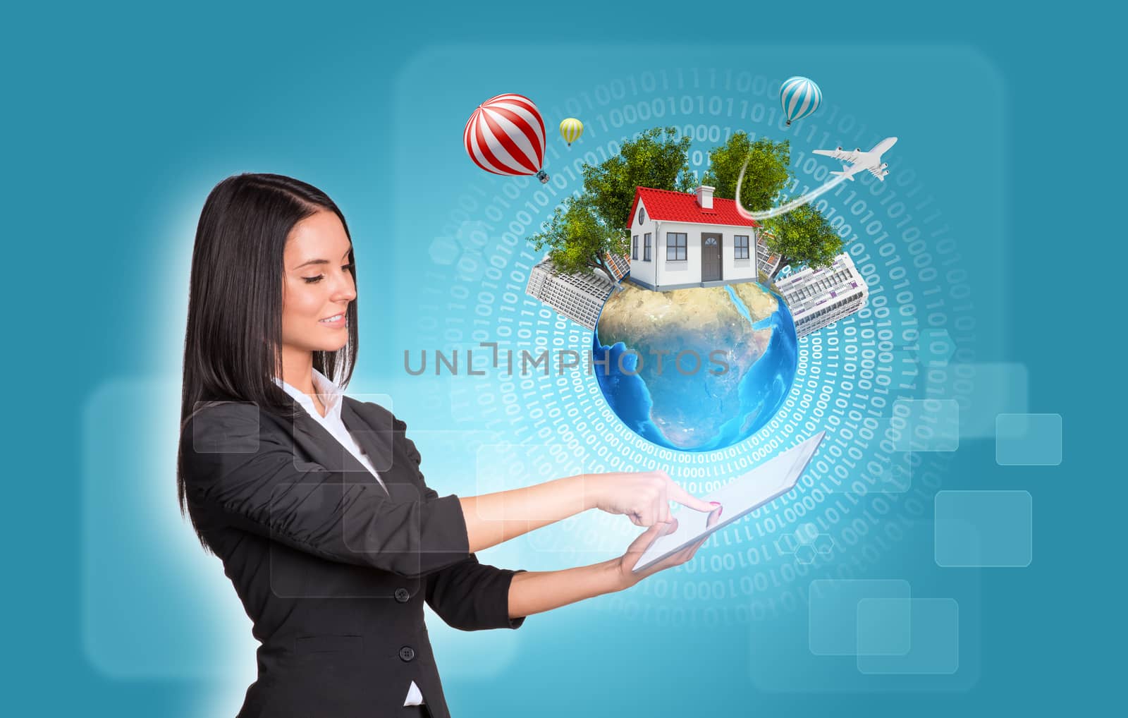 Beautiful businesswomen in suit using digital tablet. Earth with house and trees. Figures as backdrop. Element of this image furnished by NASA