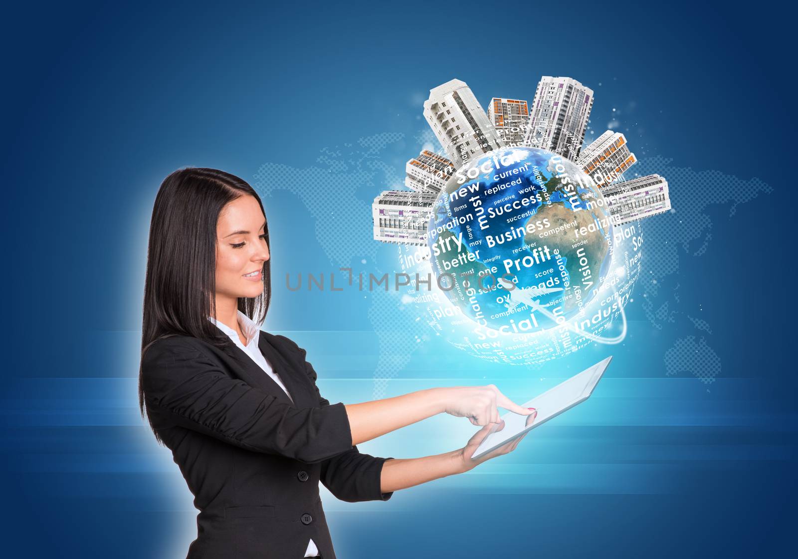 Beautiful businesswomen in suit using digital tablet. Earth with buildings and business words. World map as backdrop. Element of this image furnished by NASA