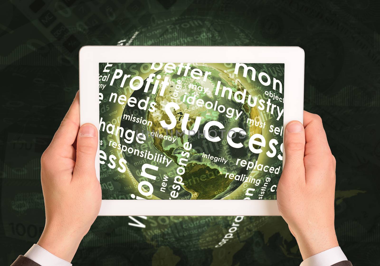 Man hands using tablet pc. Earth and business words on touch screen by cherezoff