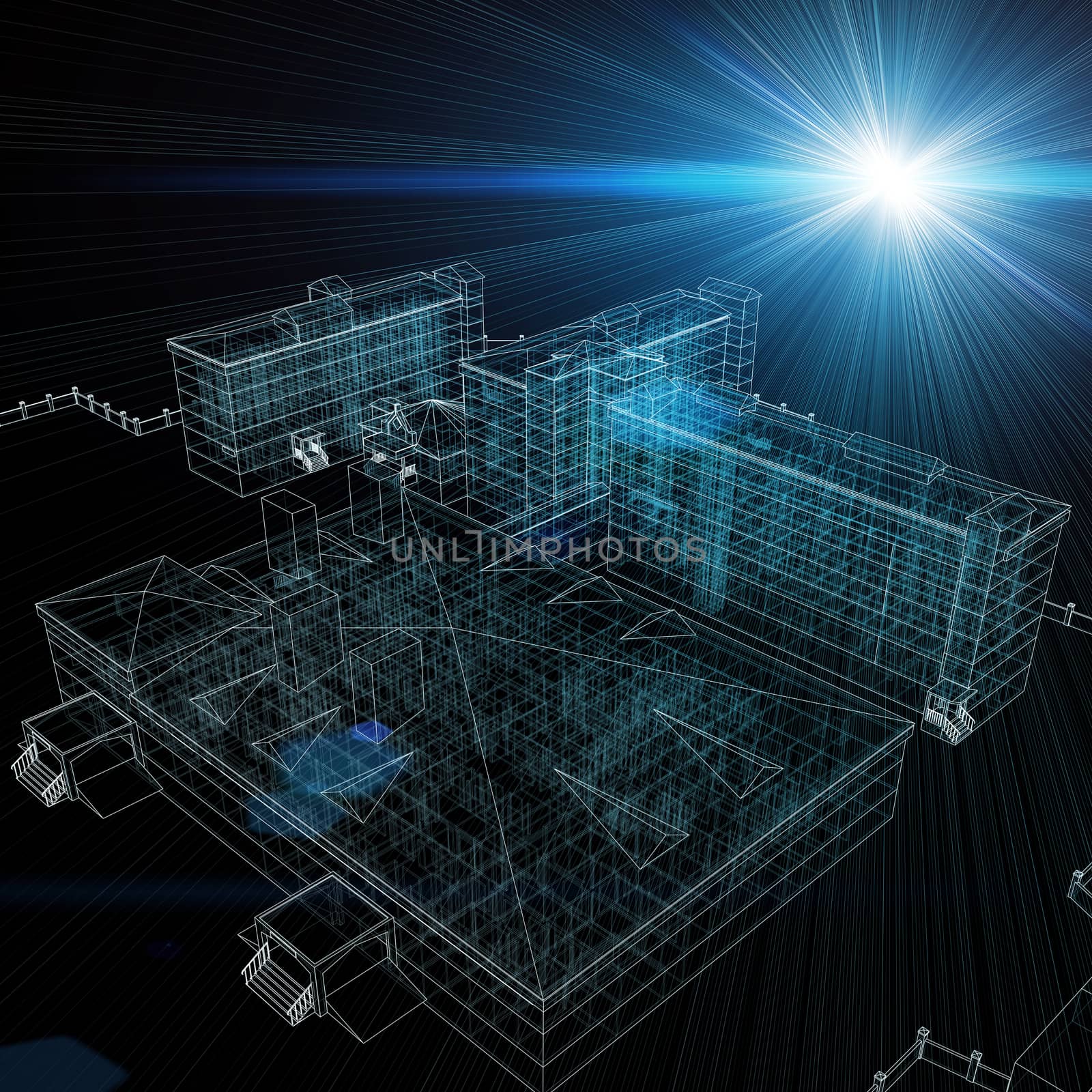 Wire-frame buildings with light on dark background. Construction concept