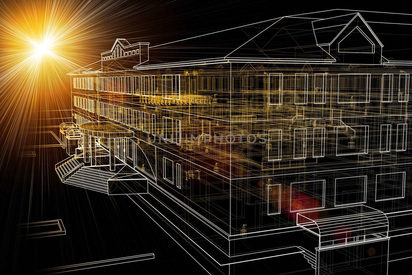 Wire-frame buildings with light on dark background. Construction concept