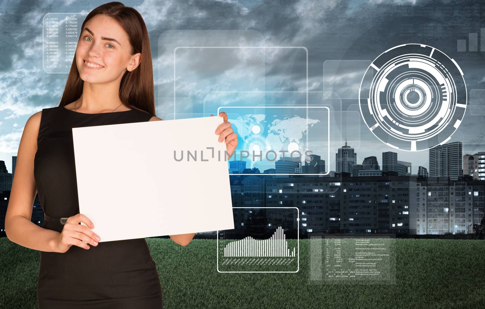 Businesswoman hold paper sheet. Virtual elements and city by cherezoff