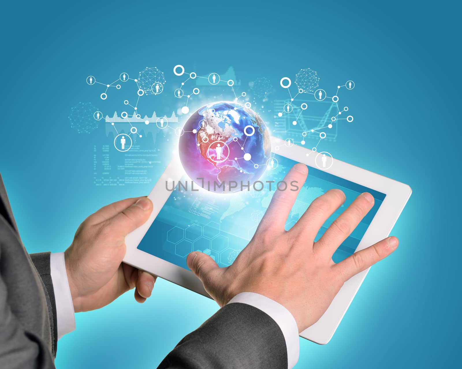 Man hands using tablet pc. Earth and network people icons near computer by cherezoff