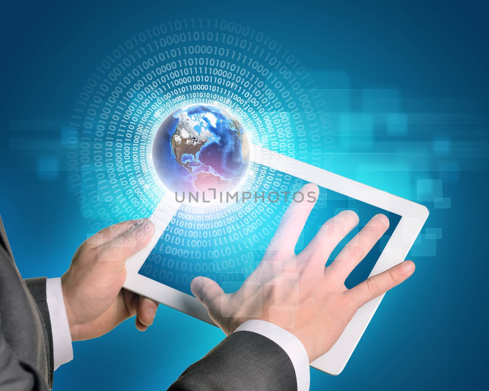 Man hands using tablet pc. Earth and figures near computer by cherezoff