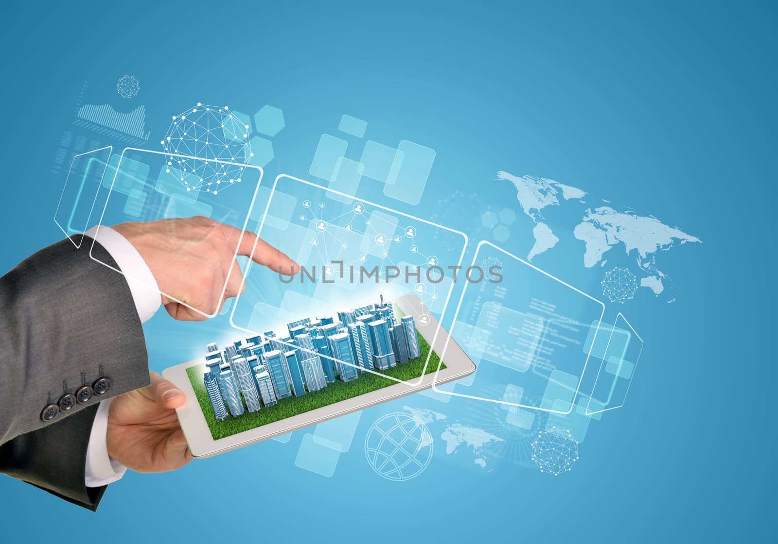 Man hands using tablet pc. Business city on touch screen. Virtual elements near tablet. Blue background