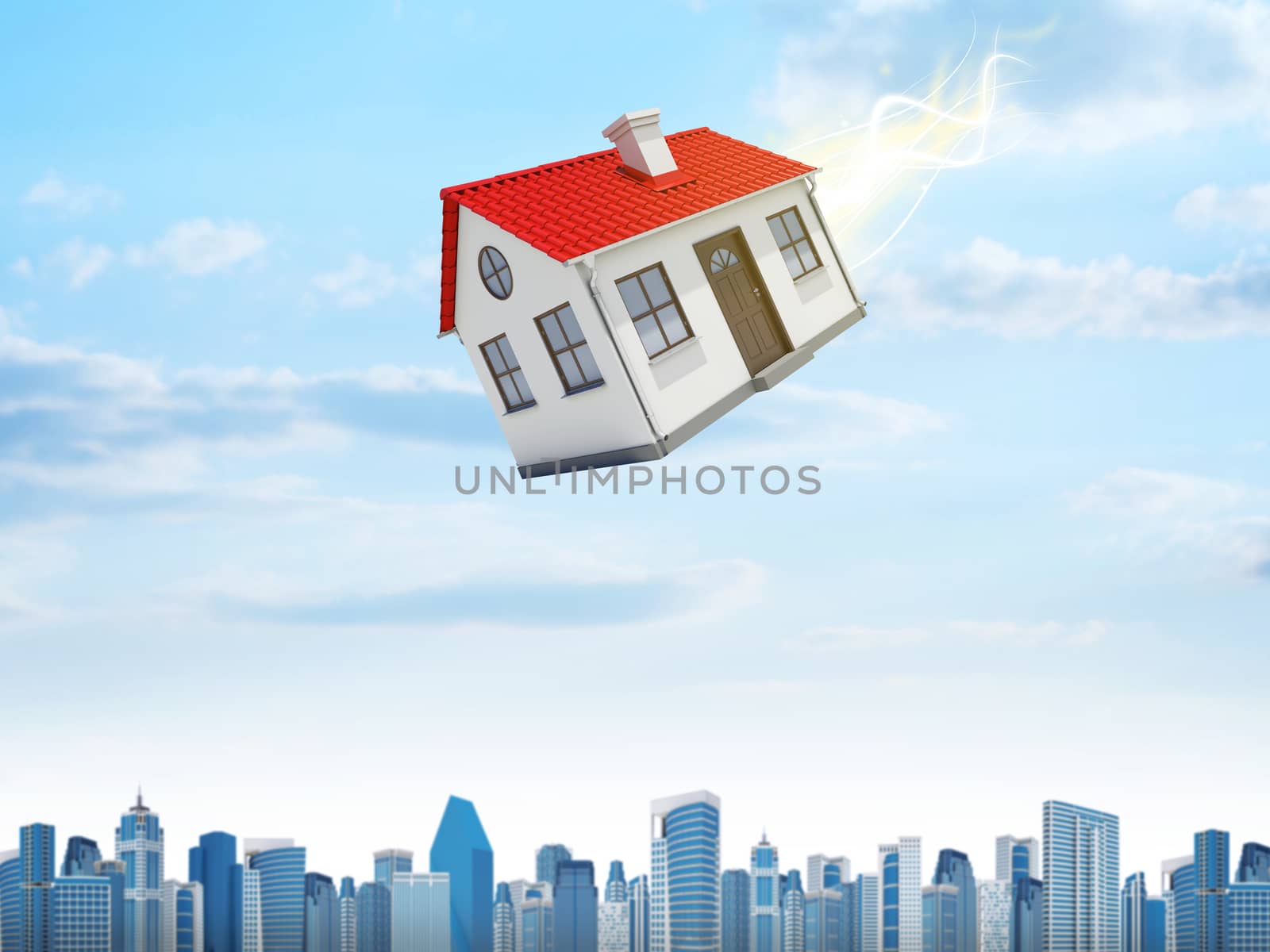 House is falling from the sky. City on background by cherezoff