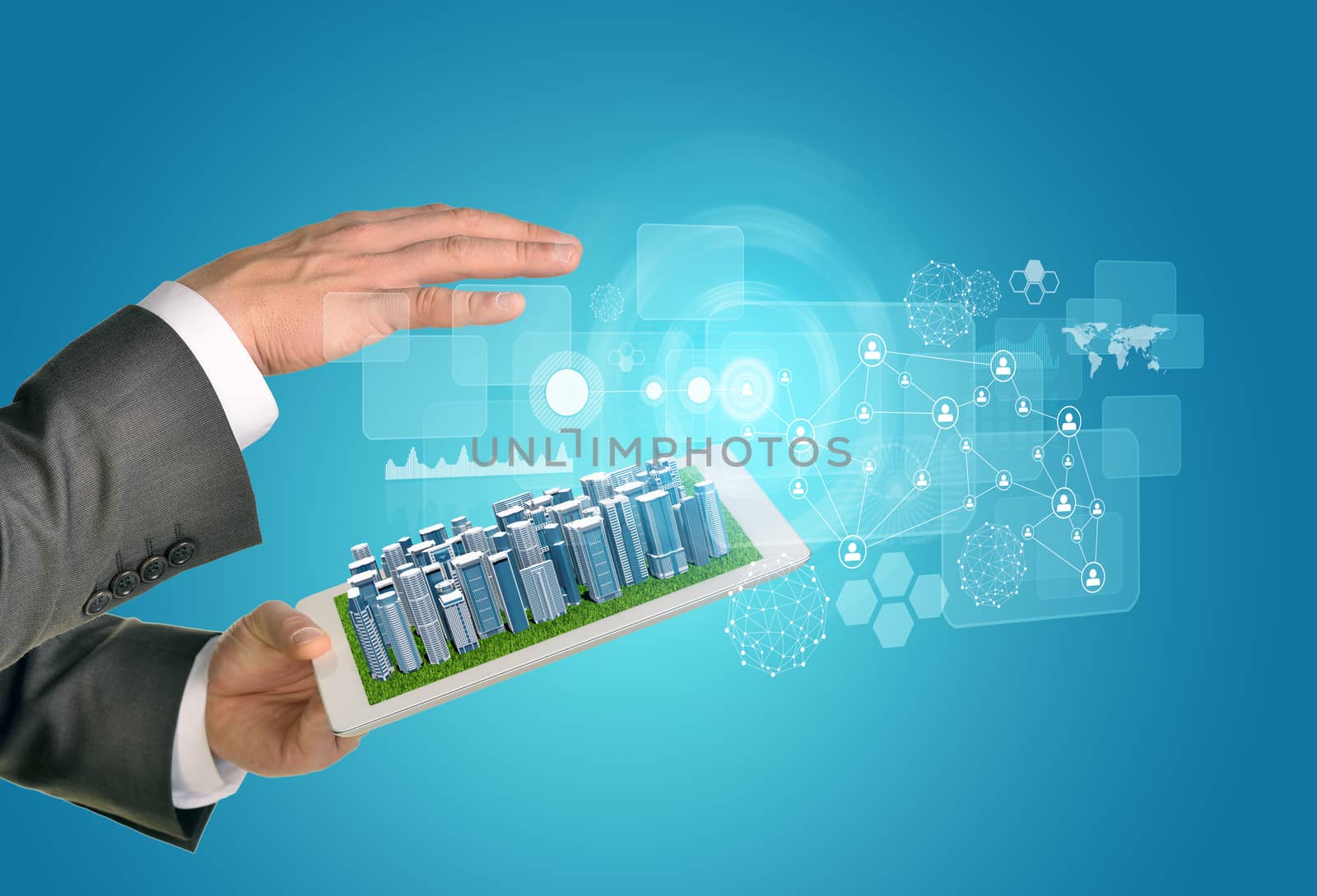 Man hands using tablet pc. Business city on touch screen by cherezoff
