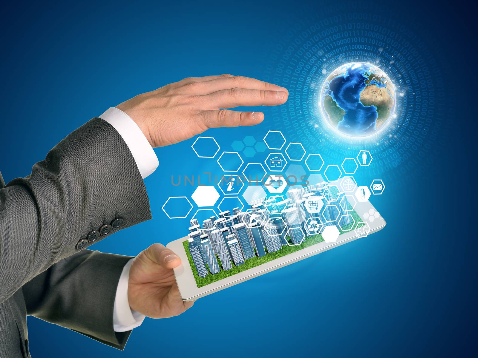 Man hands using tablet pc. Business city on touch screen. Earth and hexagons with icons near computer by cherezoff