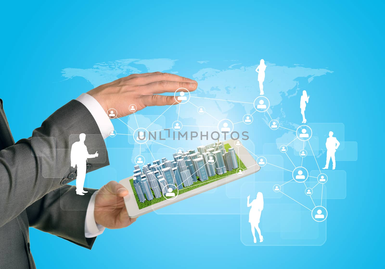 Man hands using tablet pc. Business city on touch screen. Network with business silhouettes near tablet