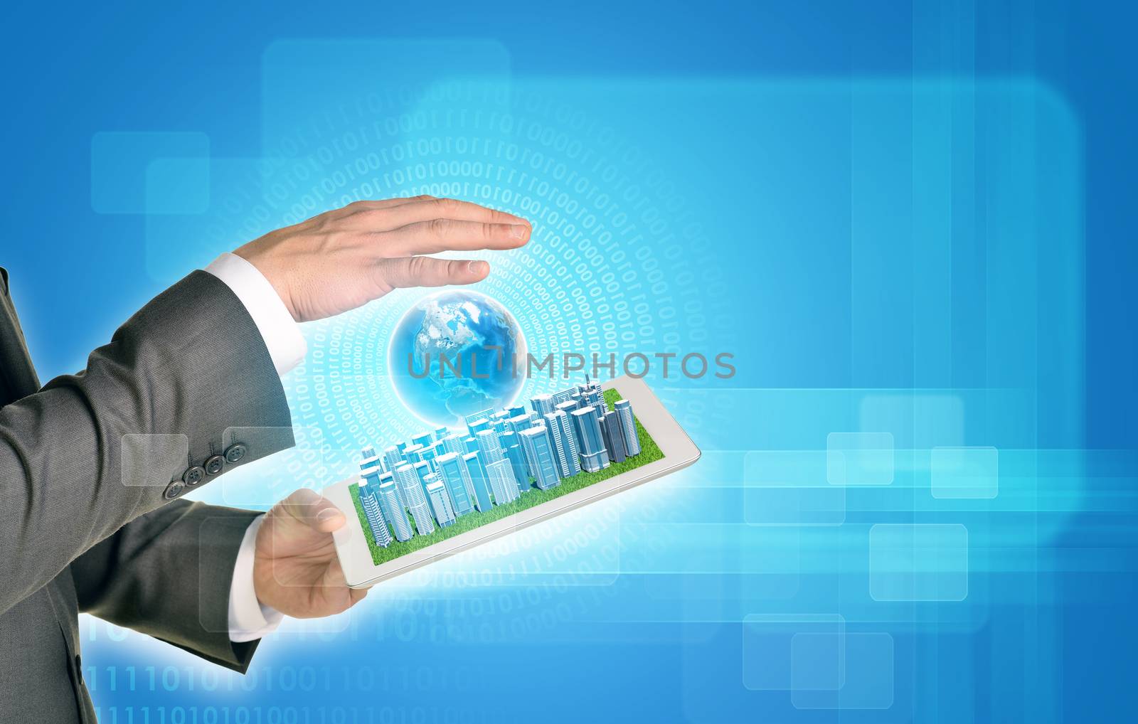 Man hands using tablet pc. Business city on touch screen. Earth near tablet. Element of this image furnished by NASA