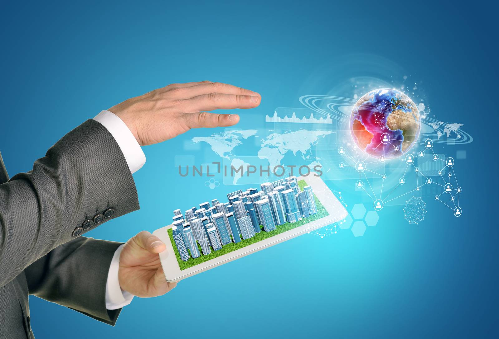 Man hands using tablet pc. Business city on touch screen. Earth near computer by cherezoff