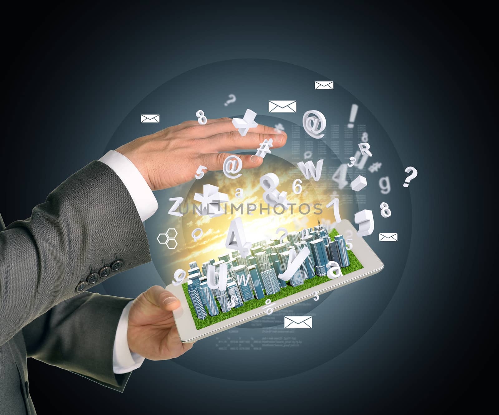 Man hands using tablet pc. Business city on touch screen. Business concept