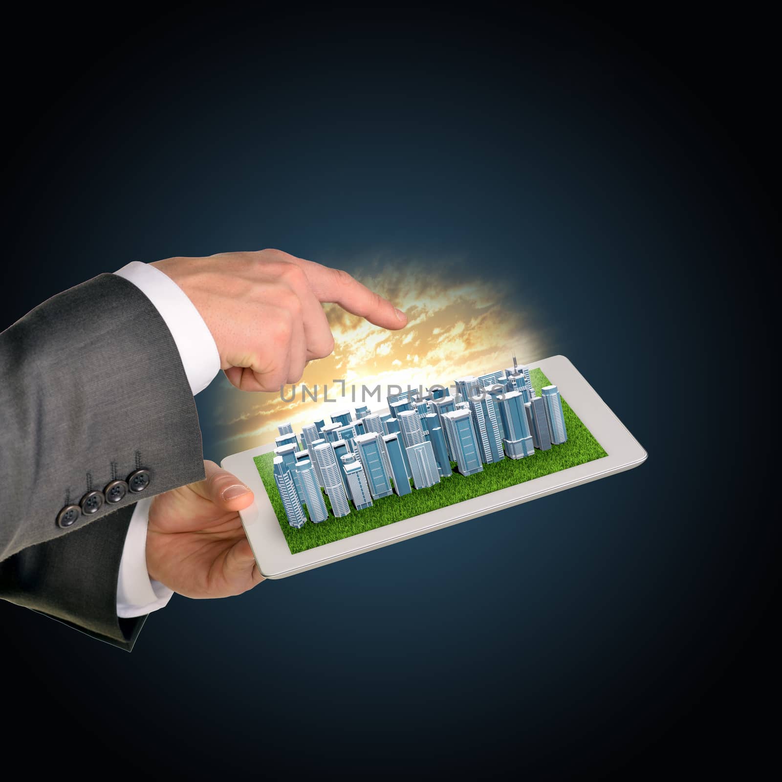 Man hands using tablet pc. Business city on touch screen by cherezoff