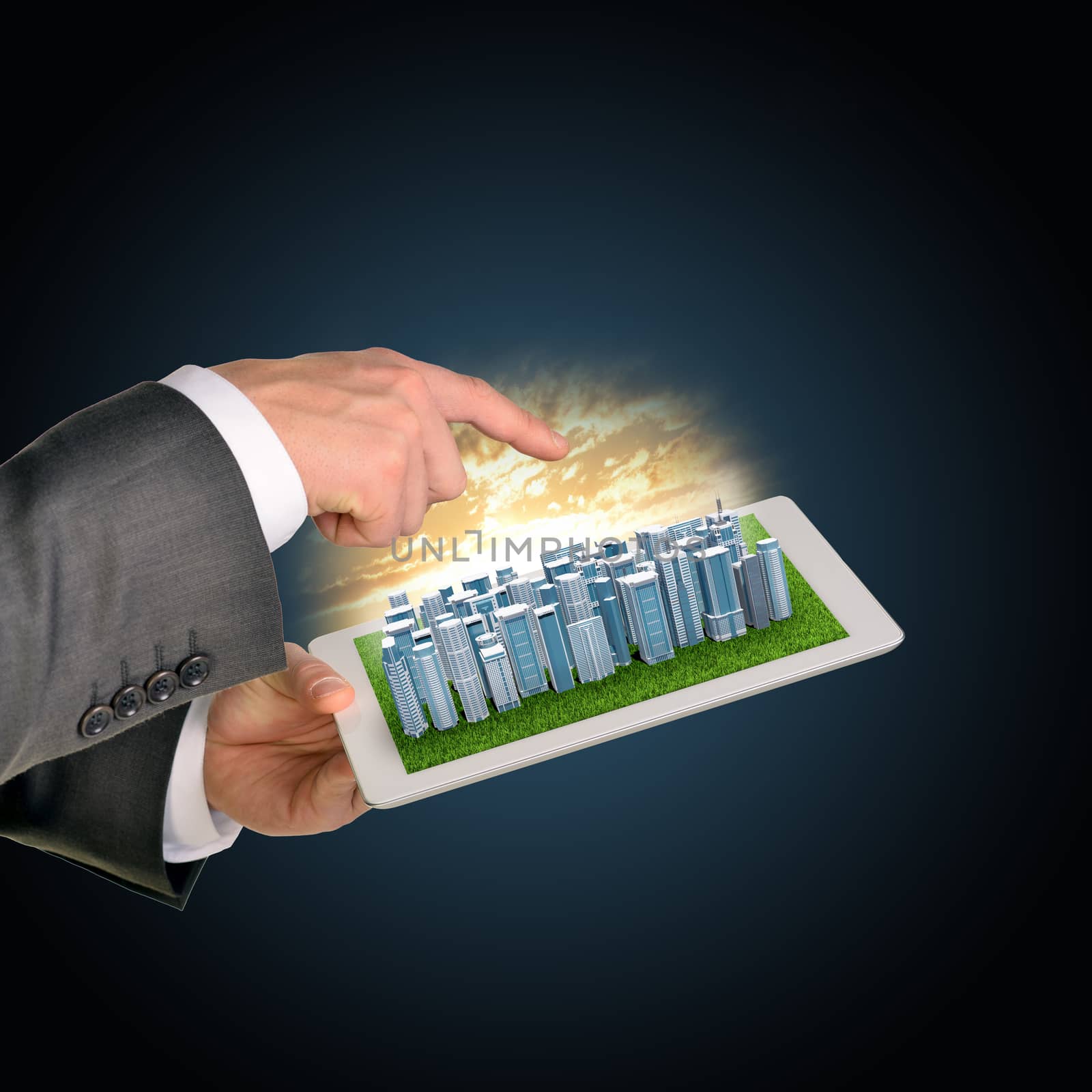 Man hands using tablet pc. Business city on touch screen. Business concept